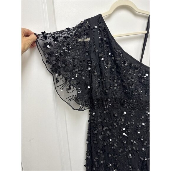 Mac Duggal Size 4 Black 93687 One Shoulder Beaded Asymmetrical Hem Gown Dress - Picture 7 of 12